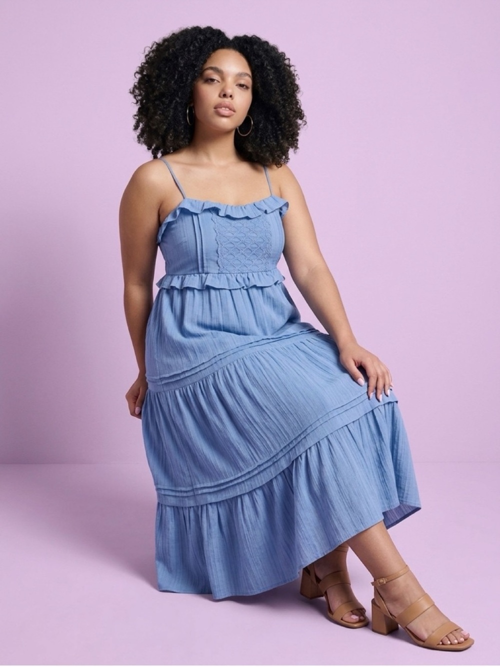 🫐🫐🫐Blue Spaghetti-Strap Tiered Maxi Dress